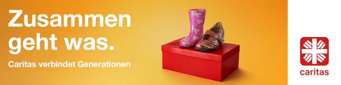 Zusammen geht was: Header in Gelb mit zwei Schuhen auf einem Schuhkarton.